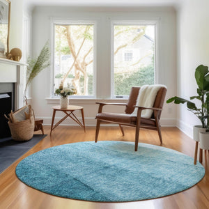HomeRoots 8' Teal Ombre Round Rug - Washable, UV-Protected, Soft, Durable for Homes with Kids & Pets 656373