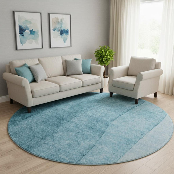 HomeRoots 8' Teal Ombre Round Rug - Washable, UV-Protected, Soft, Durable for Homes with Kids & Pets 656373