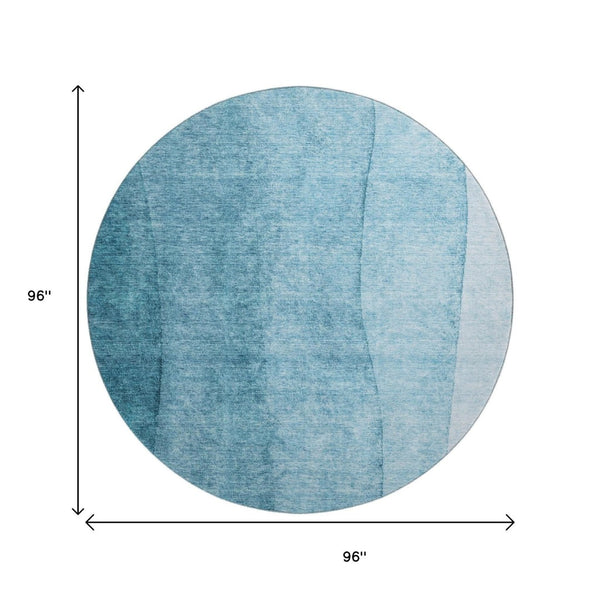 HomeRoots 8' Teal Ombre Round Rug - Washable, UV-Protected, Soft, Durable for Homes with Kids & Pets 656373