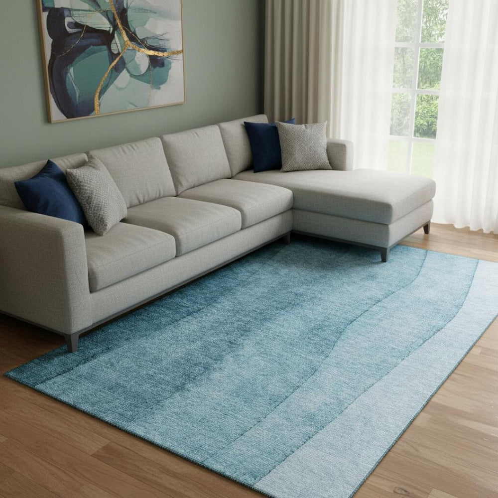 HomeRoots 10' Teal and Ivory Ombre Washable Area Rug – Stylish, Durable, UV-Protected for Homes with Kids & Pets 656376