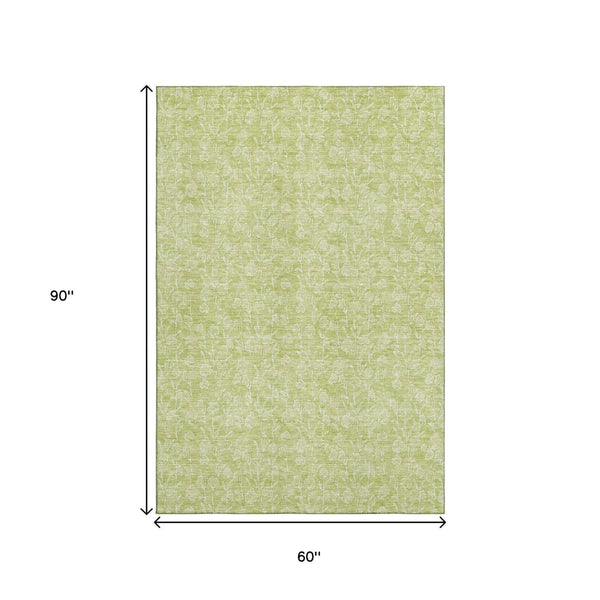 HomeRoots 5' X 8' Artichoke Green Floral Area Rug - Washable, UV Resistant, Stain-Repellent for Busy Homes 656384
