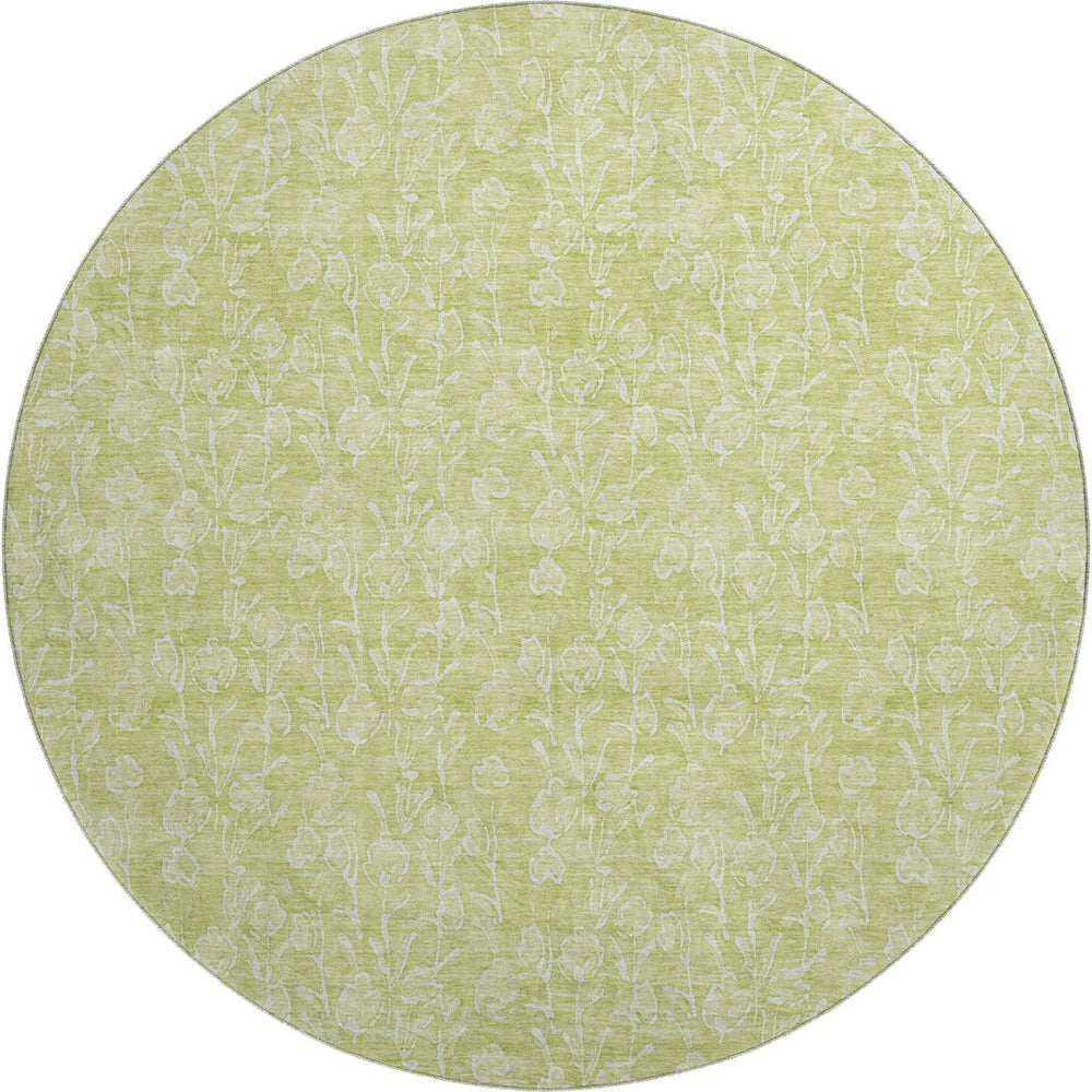HomeRoots 8' Elegant Artichoke Green & Ivory Floral Washable Round Rug with UV Protection for Family Spaces 656385