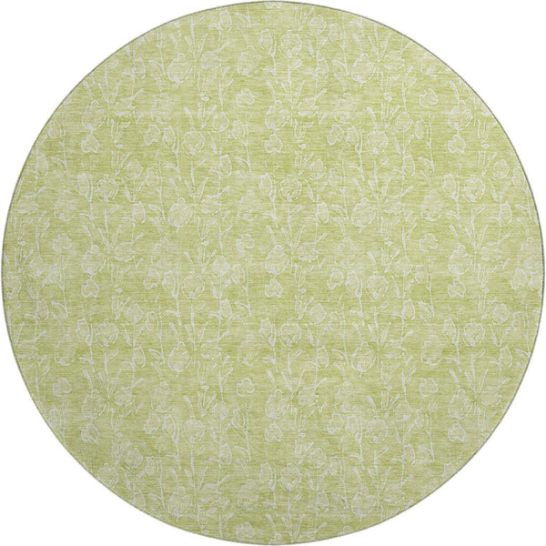 HomeRoots 8' Elegant Artichoke Green & Ivory Floral Washable Round Rug with UV Protection for Family Spaces 656385