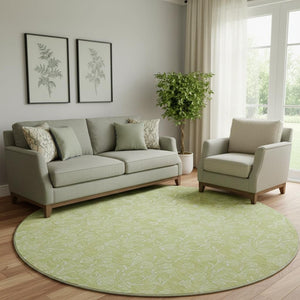 HomeRoots 8' Elegant Artichoke Green & Ivory Floral Washable Round Rug with UV Protection for Family Spaces 656385