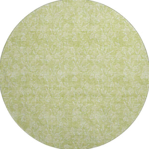 HomeRoots 8' Elegant Artichoke Green & Ivory Floral Washable Round Rug with UV Protection for Family Spaces 656385