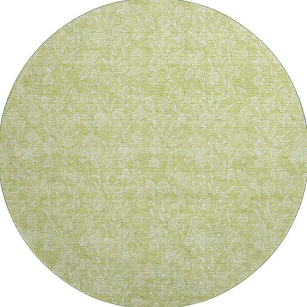 HomeRoots 8' Elegant Artichoke Green & Ivory Floral Washable Round Rug with UV Protection for Family Spaces 656385
