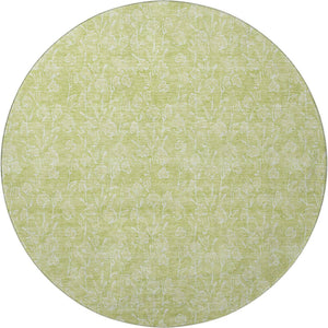 HomeRoots 8' Elegant Artichoke Green & Ivory Floral Washable Round Rug with UV Protection for Family Spaces 656385