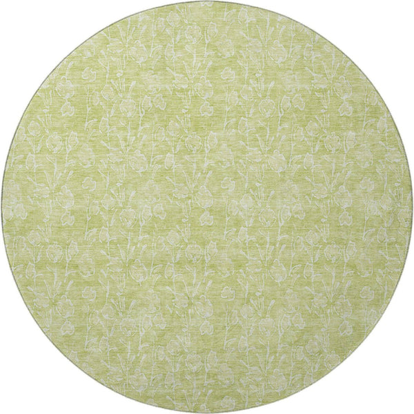 HomeRoots 8' Elegant Artichoke Green & Ivory Floral Washable Round Rug with UV Protection for Family Spaces 656385