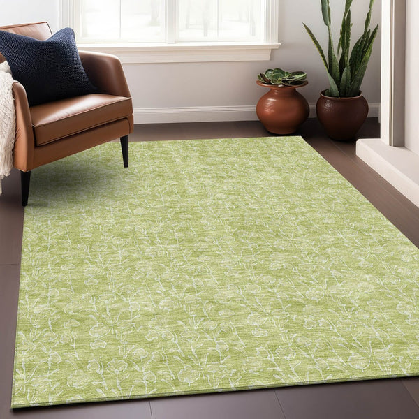 HomeRoots 9' Elegant Artichoke Green & Ivory Floral Area Rug - Washable, UV Protected, Stain Resistant Design 656387