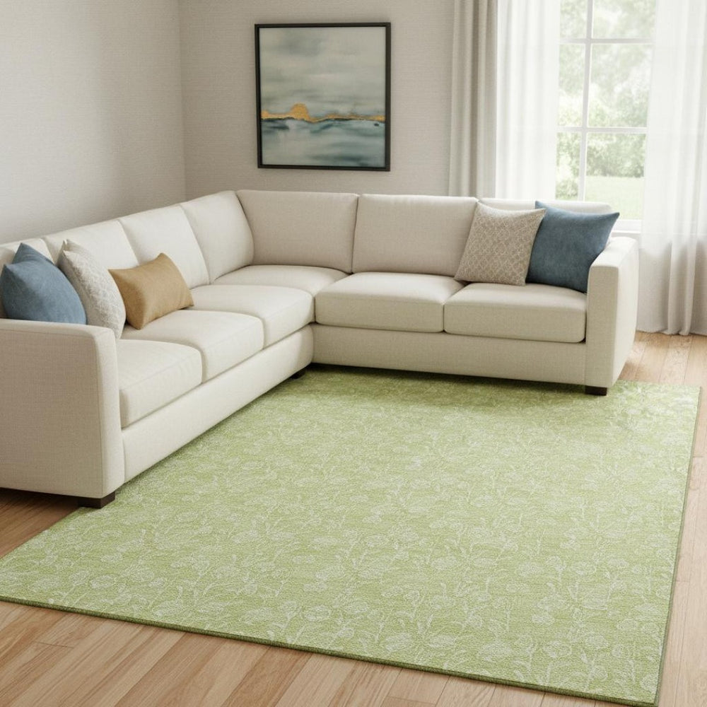 HomeRoots 9' Elegant Artichoke Green & Ivory Floral Area Rug - Washable, UV Protected, Stain Resistant Design 656387