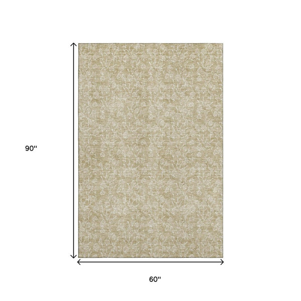 HomeRoots 5' X 8' Beige And Ivory Floral Area Rug - Washable, UV Protected, Durable & Stain Resistant for Homes 656390
