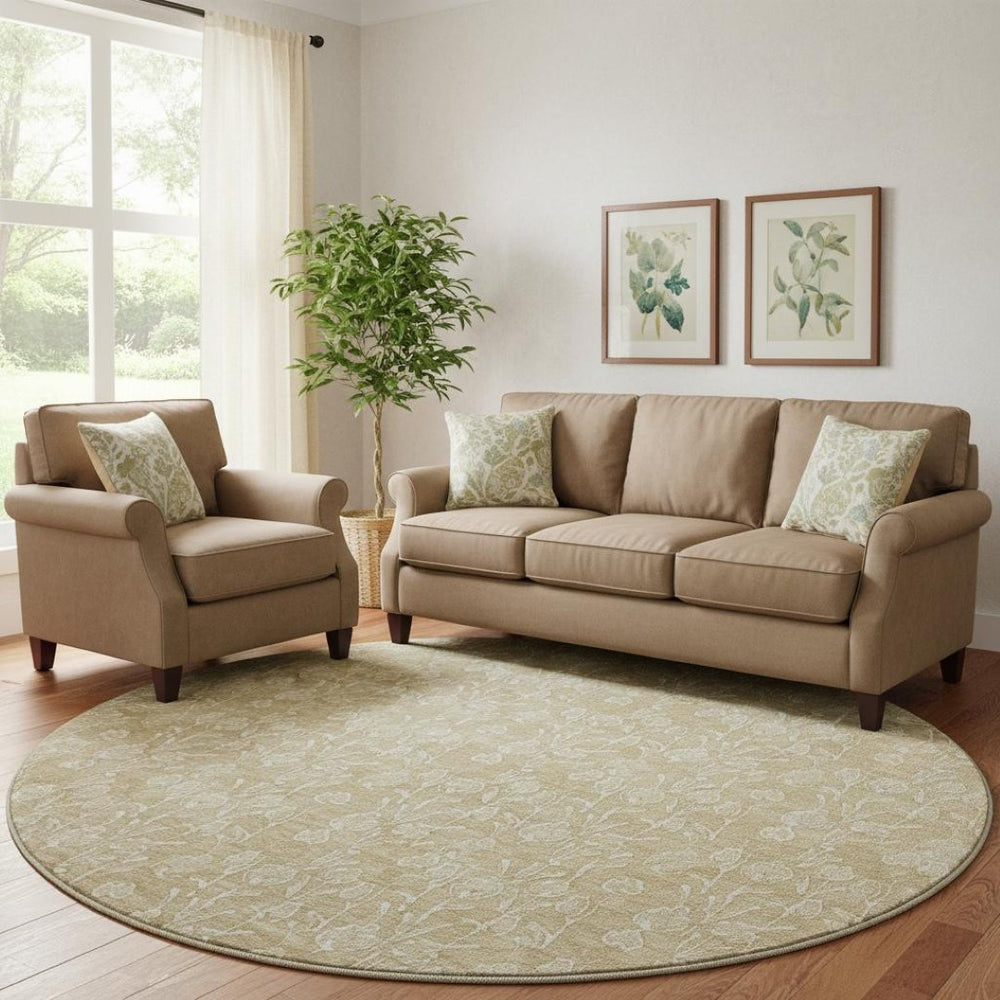 HomeRoots 8' Washable Beige and Ivory Floral Round Rug with UV Protection – Stylish, Durable & Easy Care for Homes 656391