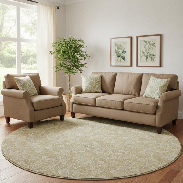 HomeRoots 8' Washable Beige and Ivory Floral Round Rug with UV Protection – Stylish, Durable & Easy Care for Homes 656391
