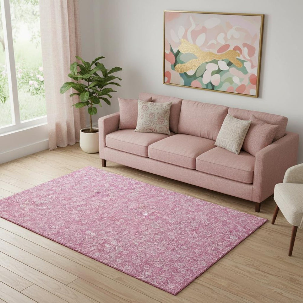 HomeRoots 5' X 8' Blush & Ivory Floral Washable Area Rug - Durable, UV-Protected, Perfect for Kids & Pets! 656396