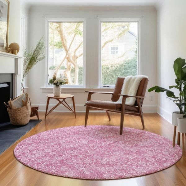 HomeRoots 8' Blush and Ivory Floral Washable Round Rug – UV Protected, Stain Resistant, Perfect for High-Traffic Areas 656397