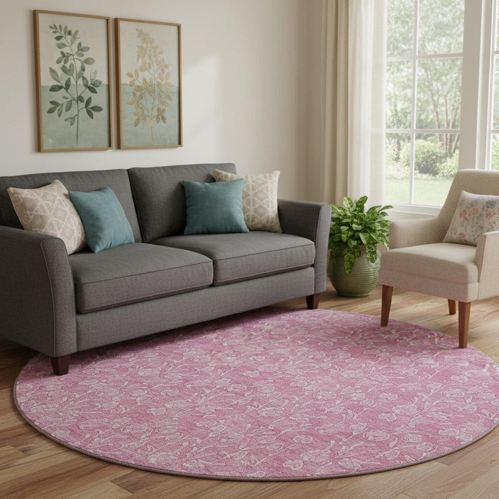 HomeRoots 8' Blush and Ivory Floral Washable Round Rug – UV Protected, Stain Resistant, Perfect for High-Traffic Areas 656397