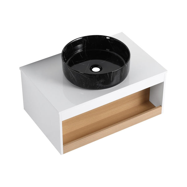 English Elm 30" Floating Wall Mount Bathroom Vanity Open Shelf Ceramic Vessel Sink Modern White White + Light Oak,White+Black W3450S00060