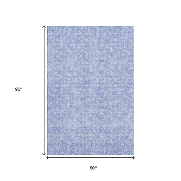 HomeRoots 5' X 8' Denim Blue and Ivory Floral Area Rug - Washable, Stain-Resistant, UV Protected for Home Use 656402