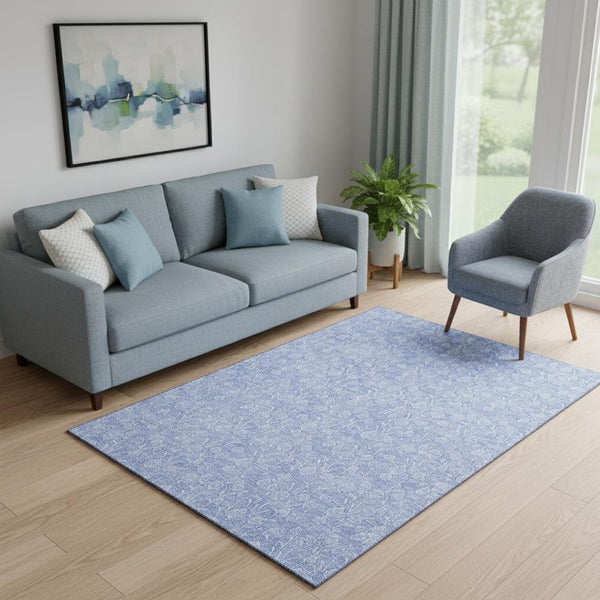 HomeRoots 5' X 8' Denim Blue and Ivory Floral Area Rug - Washable, Stain-Resistant, UV Protected for Home Use 656402