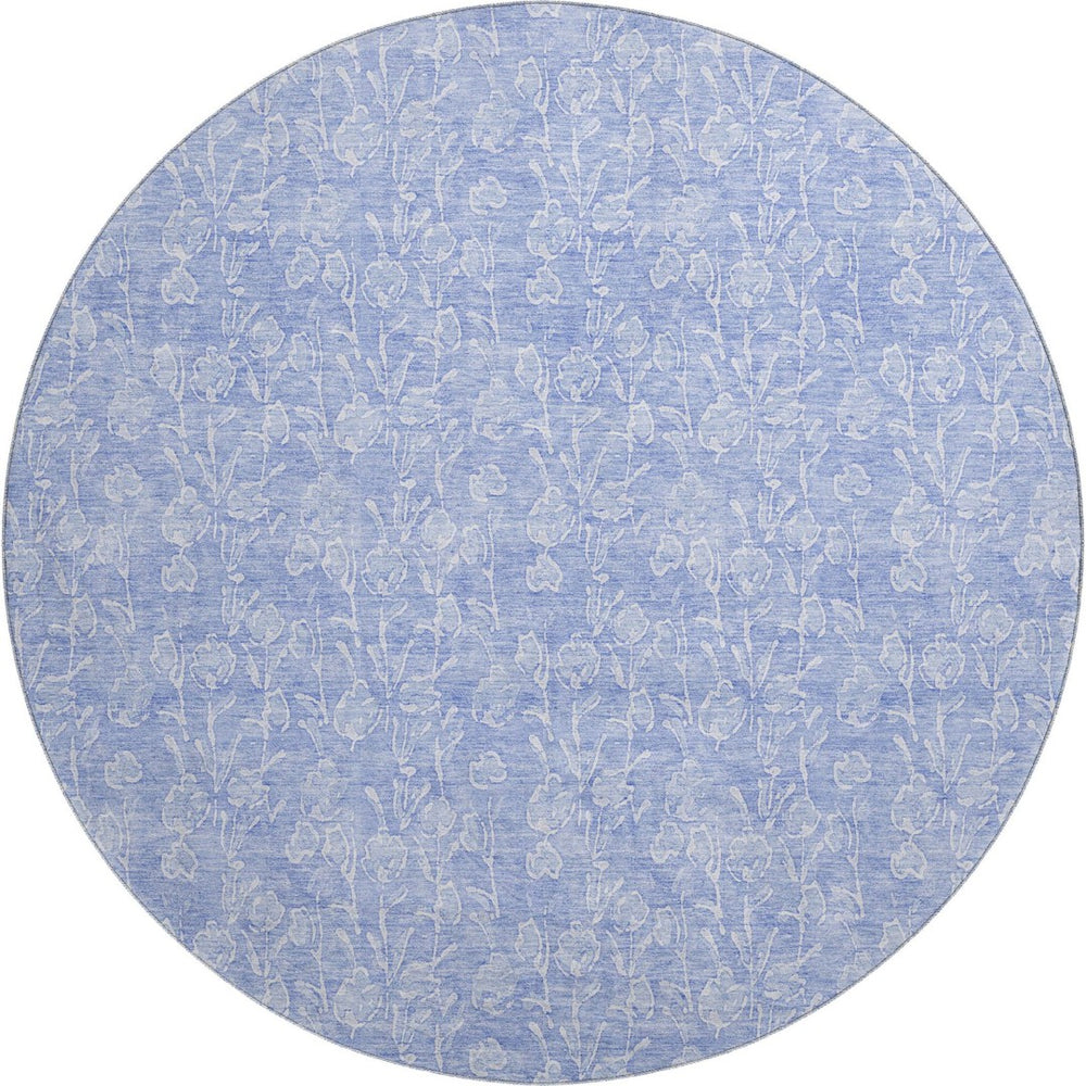 HomeRoots 8' Denim Blue and Ivory Floral Round Rug - Washable, UV-Protected, Stain-Resistant, Stylish Décor 656403