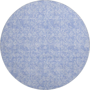 HomeRoots 8' Denim Blue and Ivory Floral Round Rug - Washable, UV-Protected, Stain-Resistant, Stylish Décor 656403