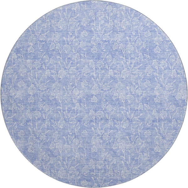 HomeRoots 8' Denim Blue and Ivory Floral Round Rug - Washable, UV-Protected, Stain-Resistant, Stylish Décor 656403