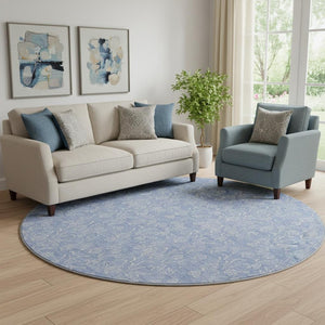 HomeRoots 8' Denim Blue and Ivory Floral Round Rug - Washable, UV-Protected, Stain-Resistant, Stylish Décor 656403