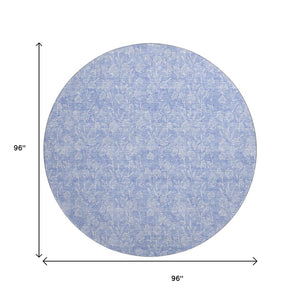 HomeRoots 8' Denim Blue and Ivory Floral Round Rug - Washable, UV-Protected, Stain-Resistant, Stylish Décor 656403