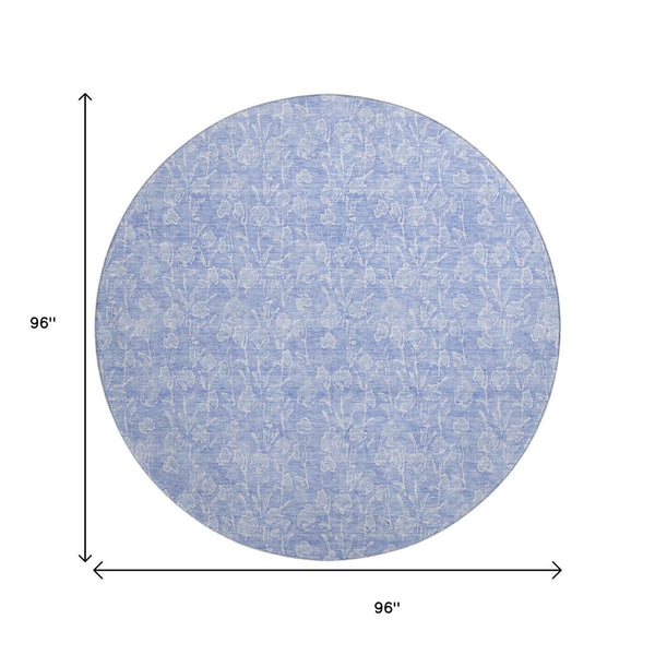 HomeRoots 8' Denim Blue and Ivory Floral Round Rug - Washable, UV-Protected, Stain-Resistant, Stylish Décor 656403