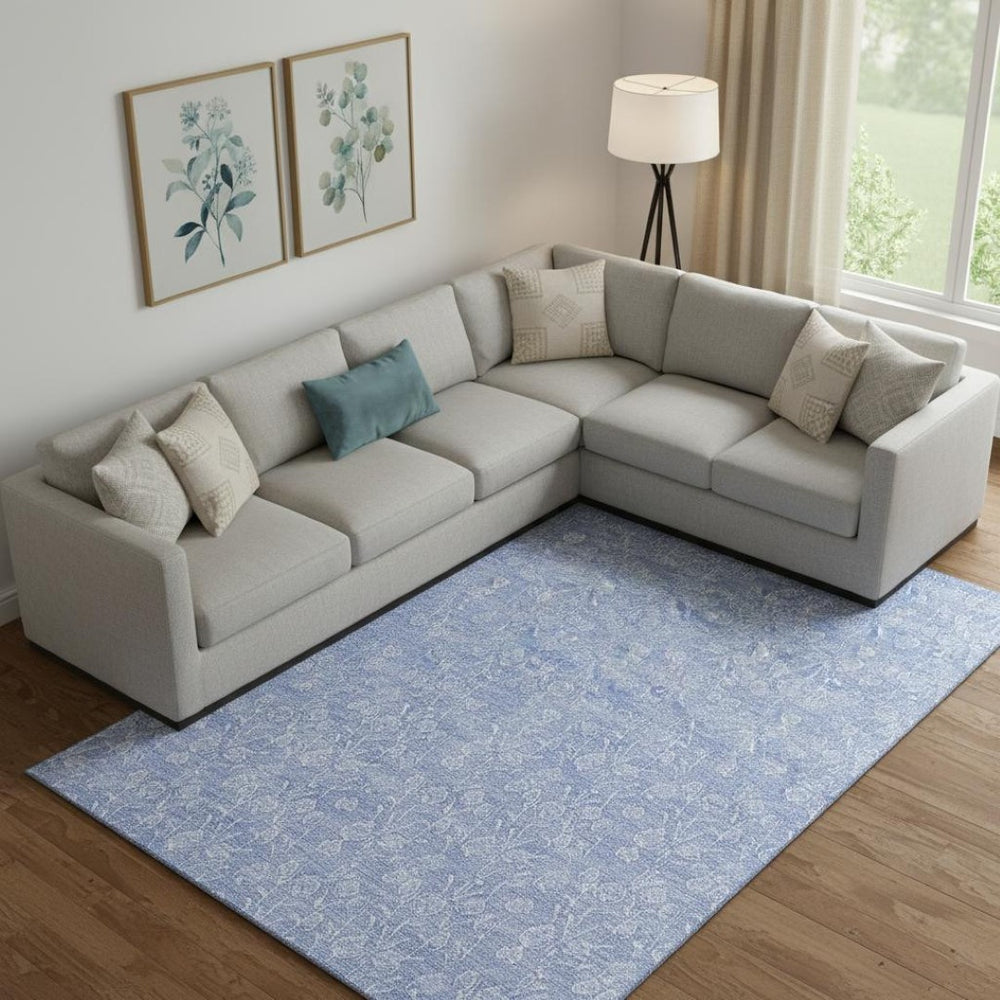 HomeRoots 8' X 10' Washable Denim Blue & Ivory Floral Area Rug with UV Protection for Stylish, Durable Living 656404