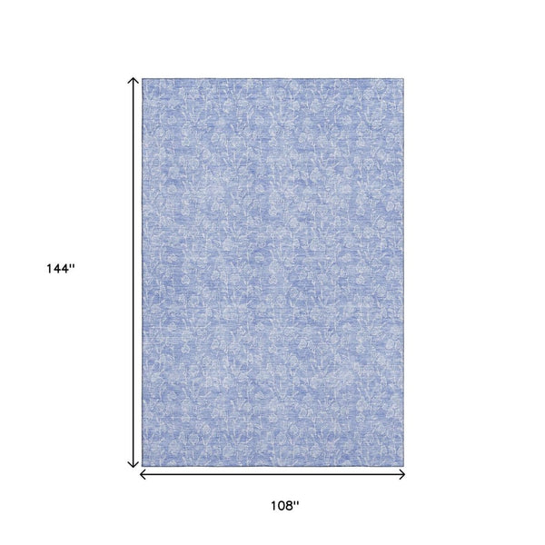 HomeRoots 9' X 12' Denim Blue & Ivory Floral Area Rug - Washable, UV Protected, Stain-Resistant, Durable Design 656405