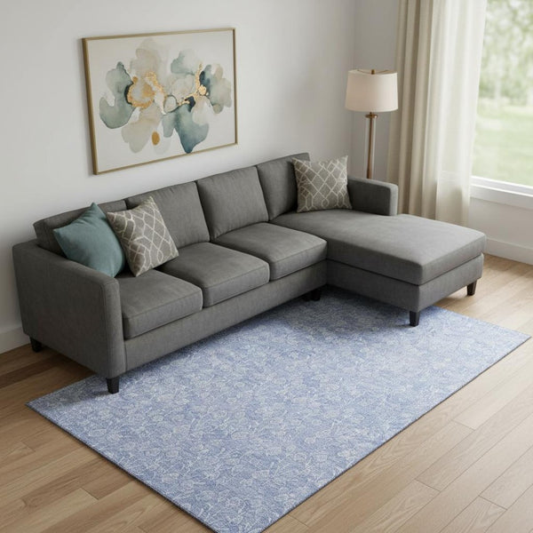 HomeRoots 9' X 12' Denim Blue & Ivory Floral Area Rug - Washable, UV Protected, Stain-Resistant, Durable Design 656405