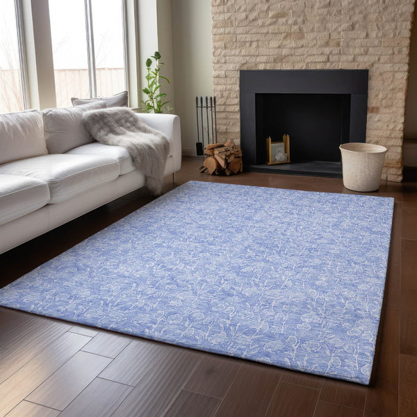 HomeRoots 10' X 14' Denim Blue Floral Area Rug - Durable, Washable, UV Protected for Family-Friendly Spaces 656406