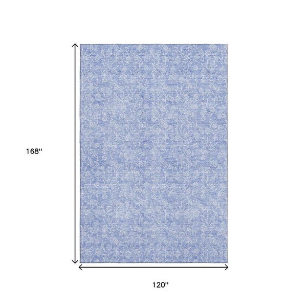 HomeRoots 10' X 14' Denim Blue Floral Area Rug - Durable, Washable, UV Protected for Family-Friendly Spaces 656406