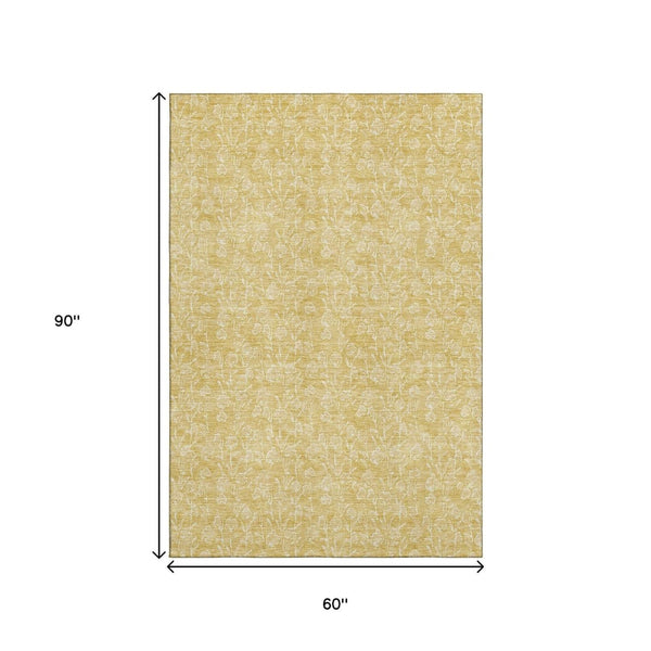 HomeRoots 5' X 8' Elegant Gold And Ivory Floral Area Rug - Washable, UV Resistant, Perfect for Busy Homes! 656408