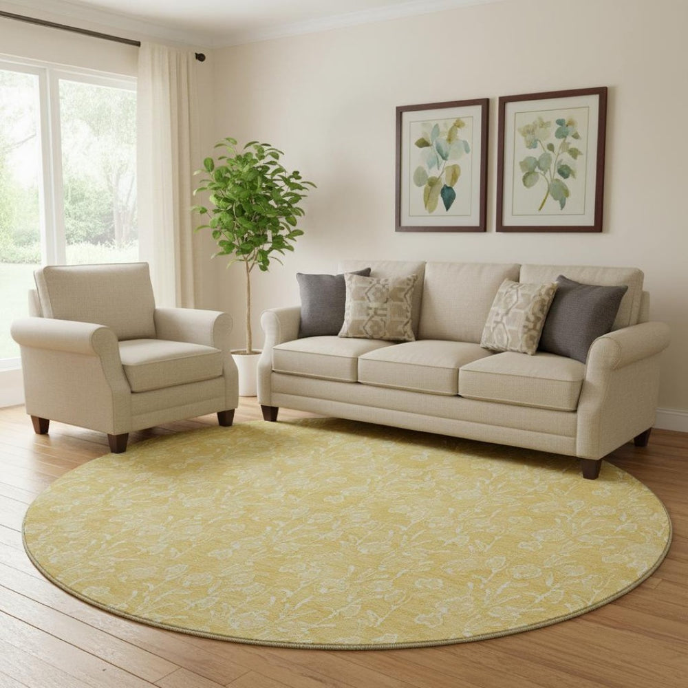 HomeRoots 8' Gold and Ivory Floral Round Area Rug - Washable, UV Protected, Perfect for Busy Homes! 656409
