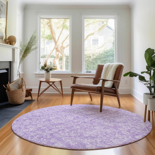 HomeRoots 8' Lilac and Ivory Floral Round Rug - UV Protected, Washable, Durable, Ideal for Family Spaces! 656415