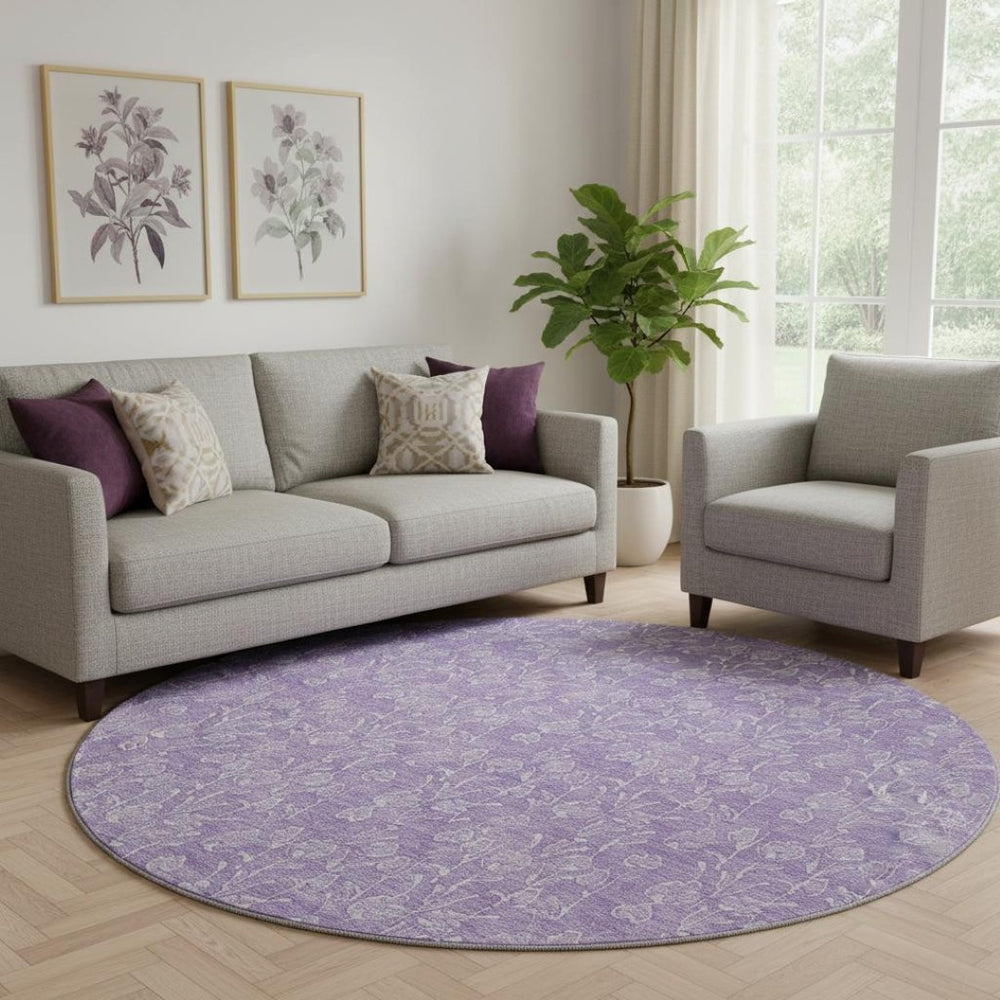 HomeRoots 8' Lilac and Ivory Floral Round Rug - UV Protected, Washable, Durable, Ideal for Family Spaces! 656415