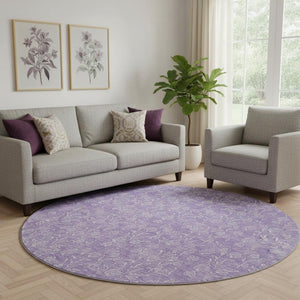 HomeRoots 8' Lilac and Ivory Floral Round Rug - UV Protected, Washable, Durable, Ideal for Family Spaces! 656415