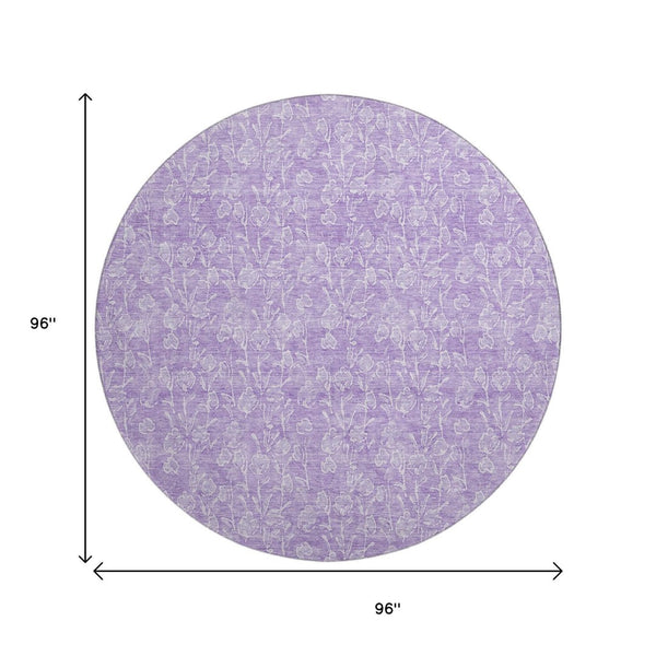 HomeRoots 8' Lilac and Ivory Floral Round Rug - UV Protected, Washable, Durable, Ideal for Family Spaces! 656415
