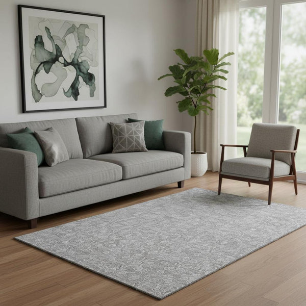 HomeRoots 5' X 8' Elegant Silver and Ivory Floral Area Rug - Washable, Stain-Resistant, UV Protection & Durable 656420