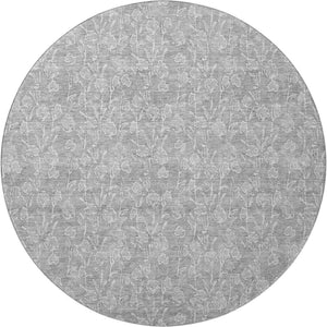 HomeRoots 8' Silver and Ivory Floral Round Rug - Washable, UV Protected, Durable for High-Traffic Areas 656421