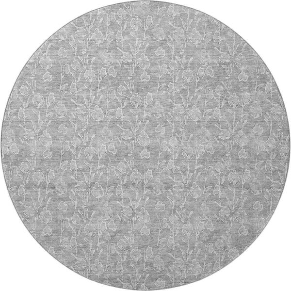 HomeRoots 8' Silver and Ivory Floral Round Rug - Washable, UV Protected, Durable for High-Traffic Areas 656421