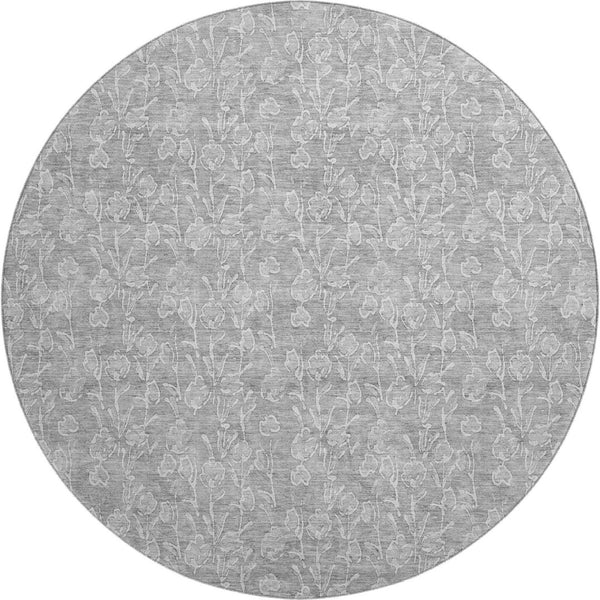 HomeRoots 8' Silver and Ivory Floral Round Rug - Washable, UV Protected, Durable for High-Traffic Areas 656421