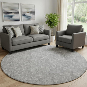 HomeRoots 8' Silver and Ivory Floral Round Rug - Washable, UV Protected, Durable for High-Traffic Areas 656421
