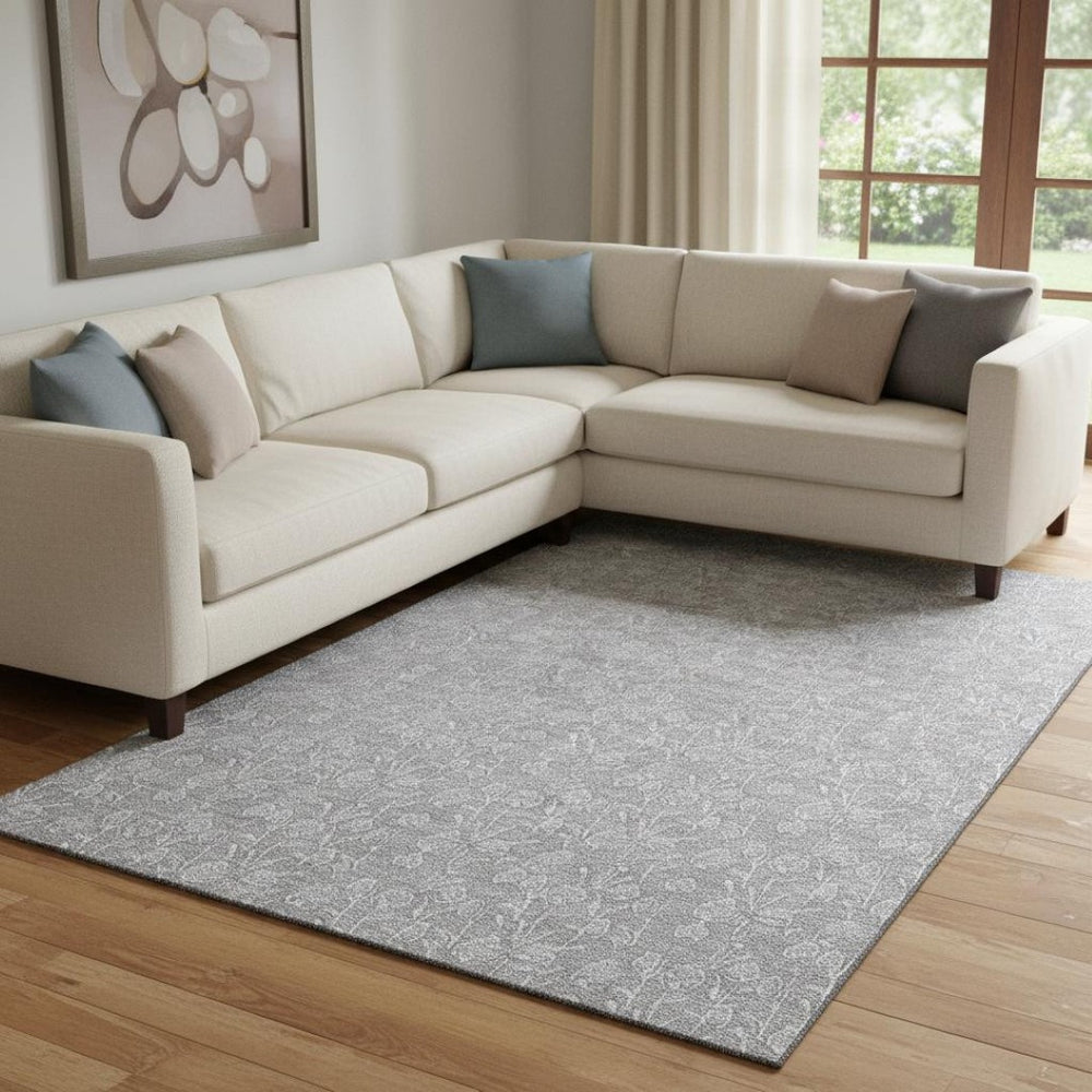 HomeRoots 8' X 10' Silver And Ivory Floral Area Rug - Stylish, Washable Design with UV Protection for Homes 656422