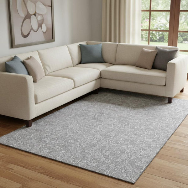 HomeRoots 8' X 10' Silver And Ivory Floral Area Rug - Stylish, Washable Design with UV Protection for Homes 656422