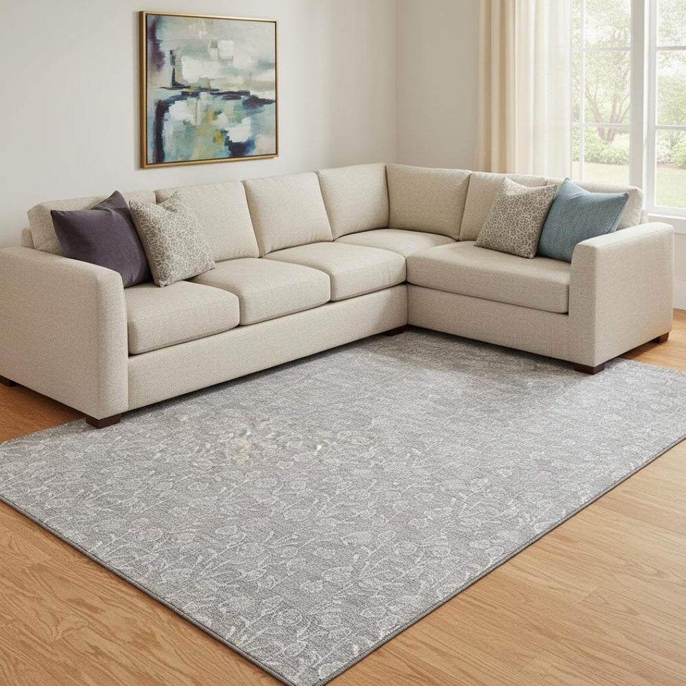 HomeRoots 9' X 12' Elegant Silver and Ivory Floral Area Rug - Washable, UV-Protected, Durable Design for Families 656423