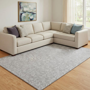 HomeRoots 9' X 12' Elegant Silver and Ivory Floral Area Rug - Washable, UV-Protected, Durable Design for Families 656423