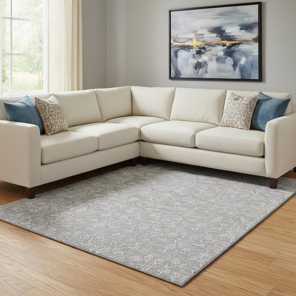 HomeRoots 10' X 14' Silver & Ivory Floral Washable Area Rug - UV Protected, Stain-Resistant, Perfect for Homes! 656424